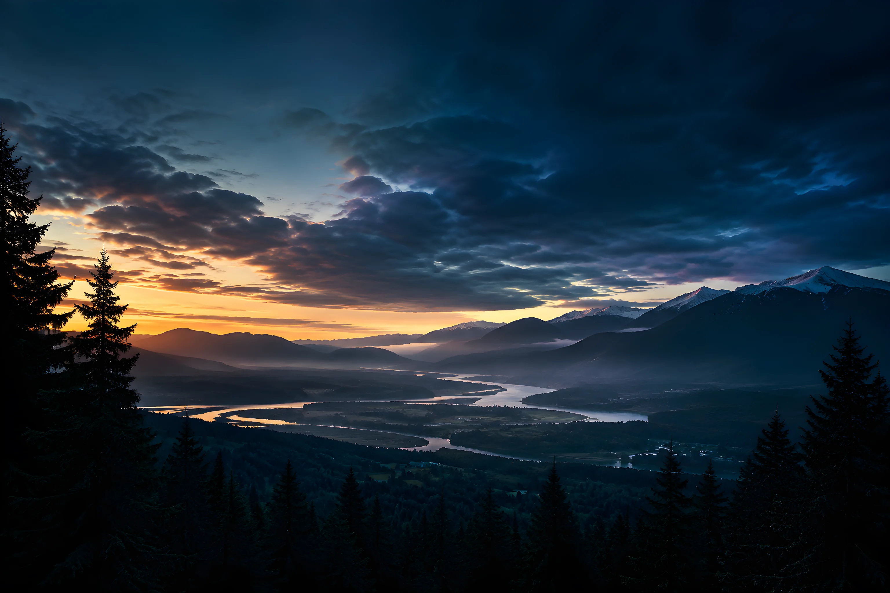 A cinematic dusk view over the Fraser Valley, with the river winding between forested ridges under a lit sky