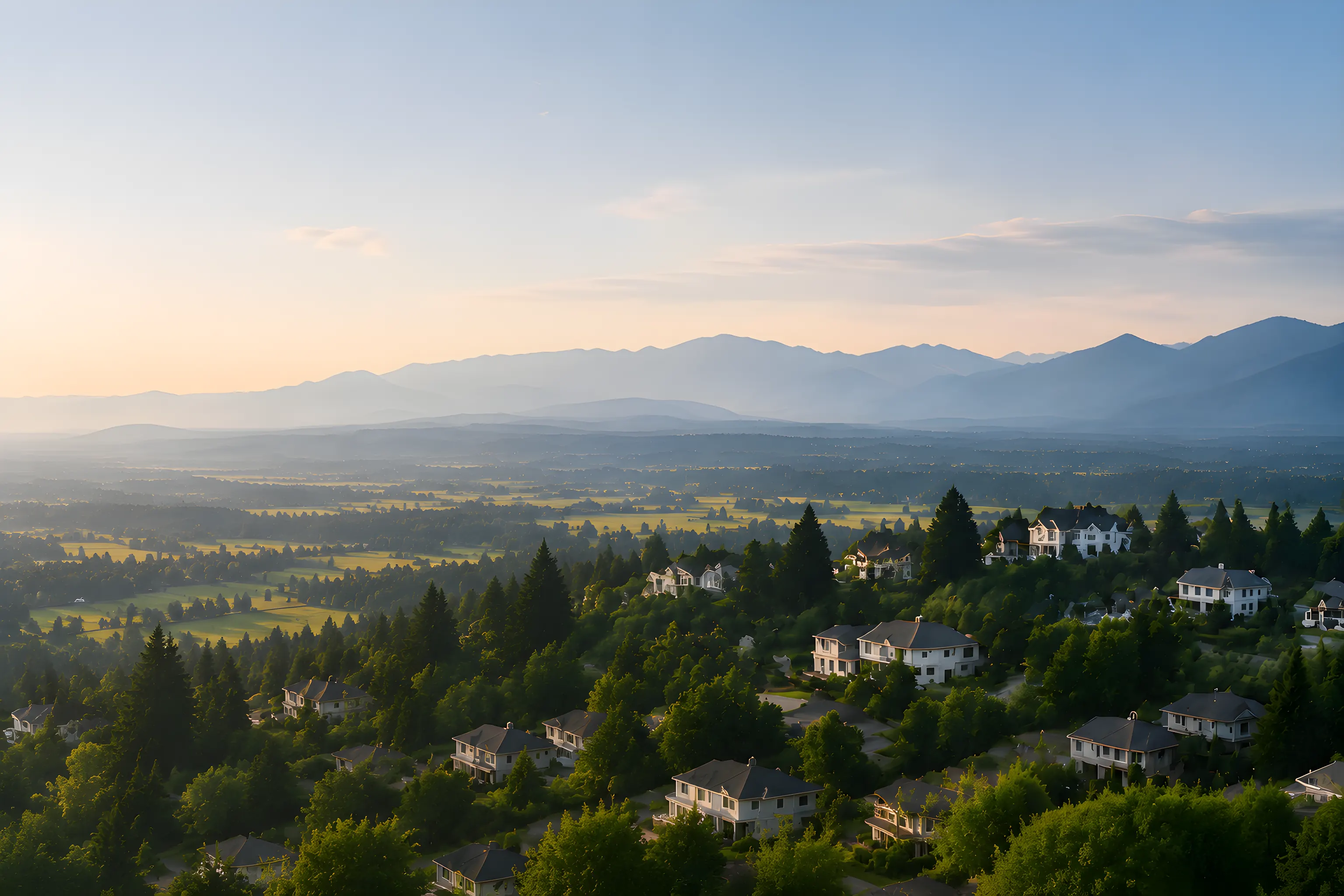 Aerial view of a Langley neighbourhood of detached homes and tree lined streets above the Fraser Valley at sunset