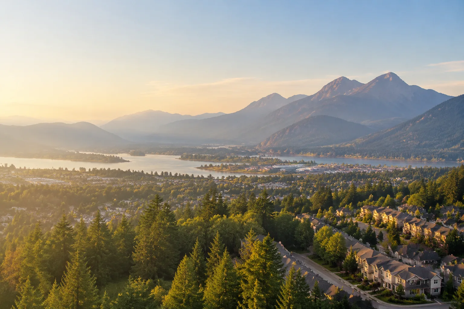 Detached homes on a Maple Ridge street with the Golden Ears peaks of the Coast Mountains behind in evening light