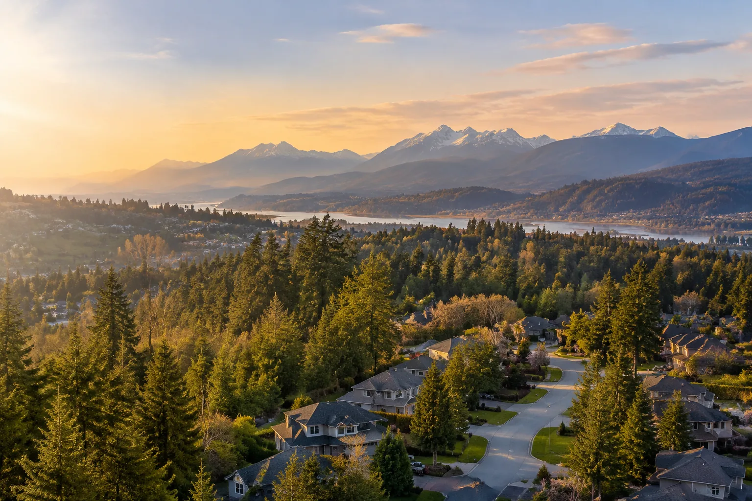 Aerial view of Maple Ridge streets of detached homes and townhome rows above the Fraser River, with forested mountains to the north