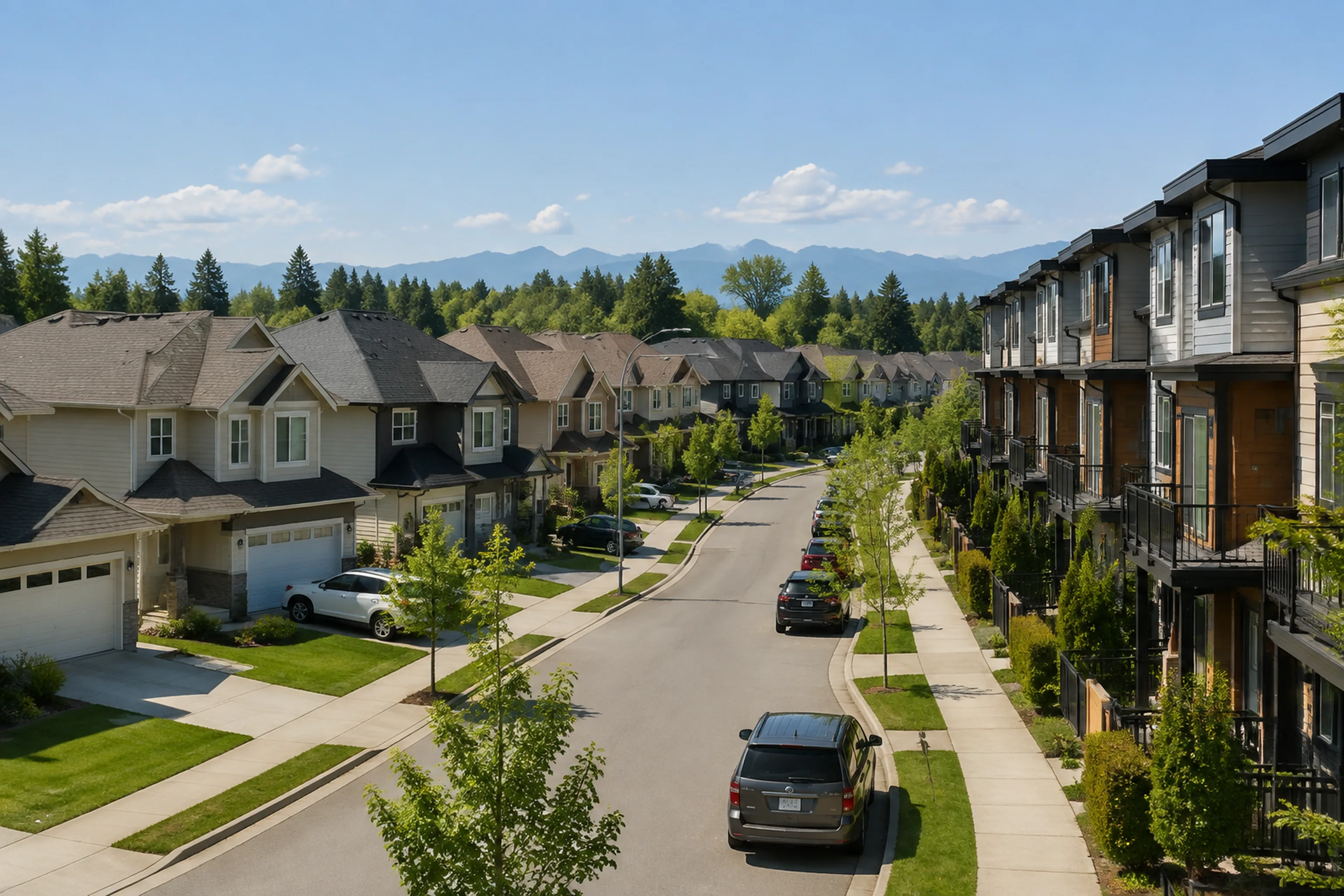Detached homes and townhome rows on a curving Surrey street, seen from above on a summer afternoon