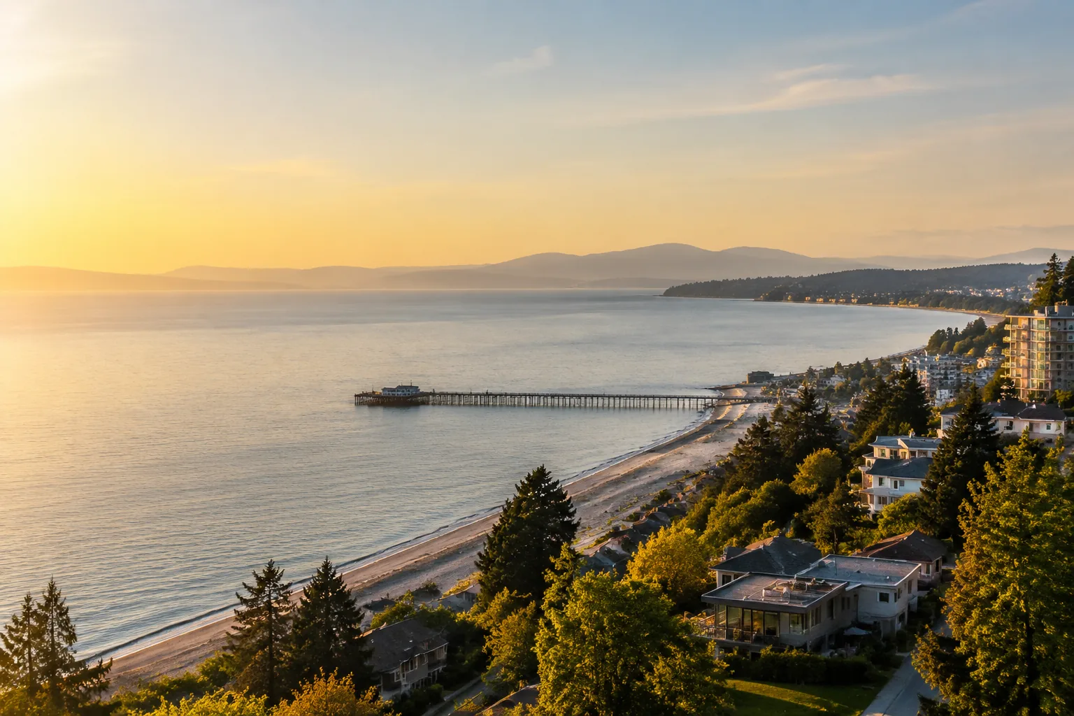Homes on the White Rock hillside above Semiahmoo Bay, with the pier and the beach promenade below in evening light