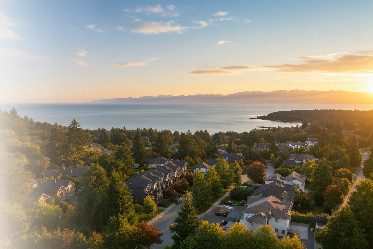 Aerial view of South Surrey streets of detached homes and townhome rows running down toward Semiahmoo Bay